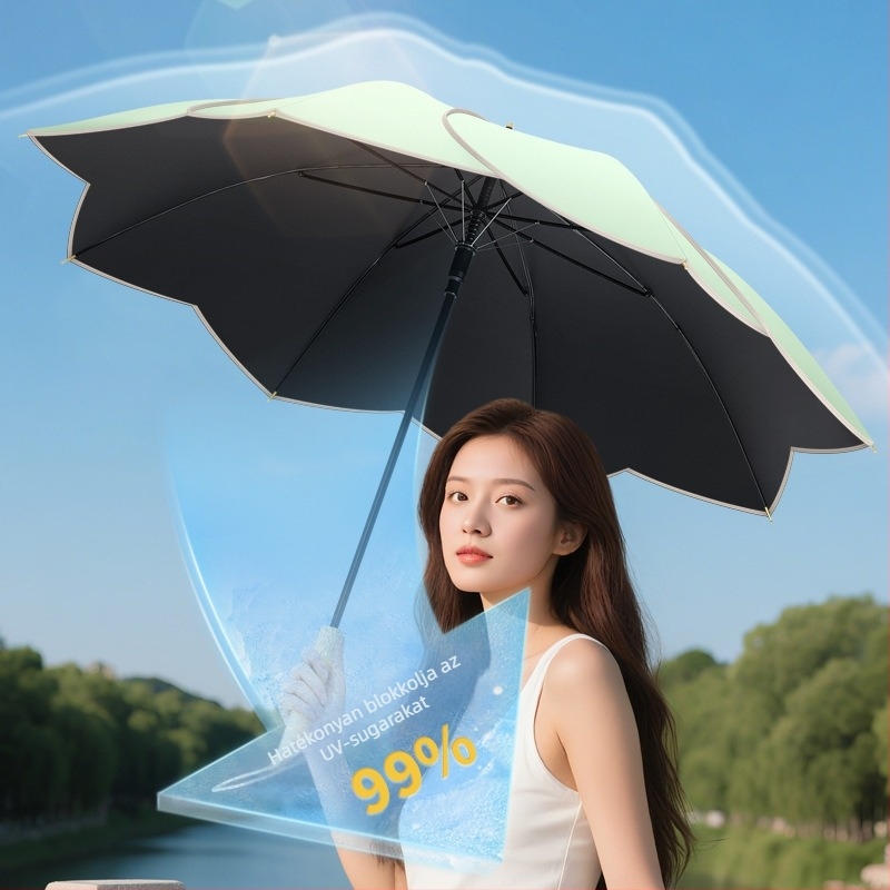 Petál alakú esernyő UV védelem UPF 50+, 8 bordás, Vinyl 210T anyag, kézi nyitás, automata zárás, tömörfa nyél, ötvözet karó, logónyomtatás lehetséges