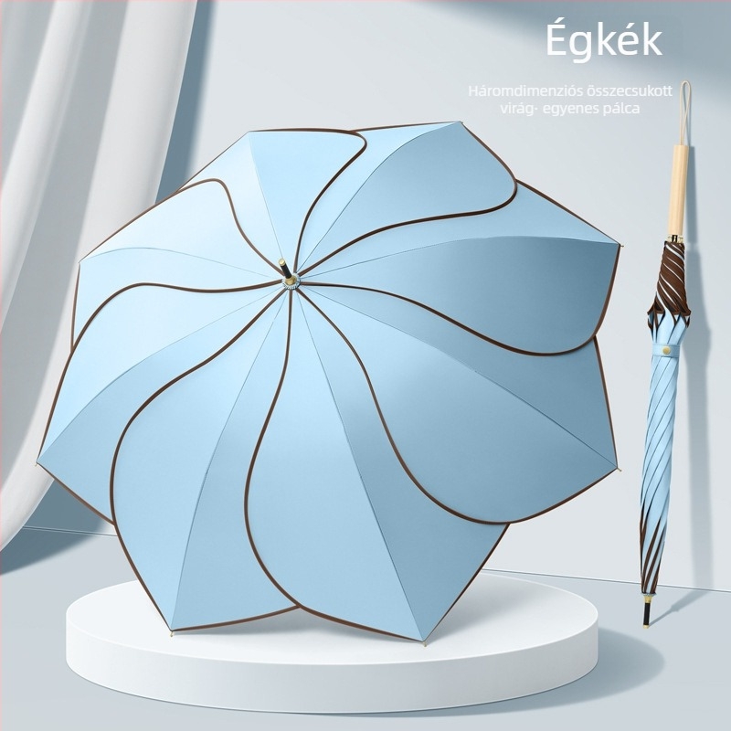 Petál alakú esernyő UV védelem UPF 50+, 8 bordás, Vinyl 210T anyag, kézi nyitás, automata zárás, tömörfa nyél, ötvözet karó, logónyomtatás lehetséges