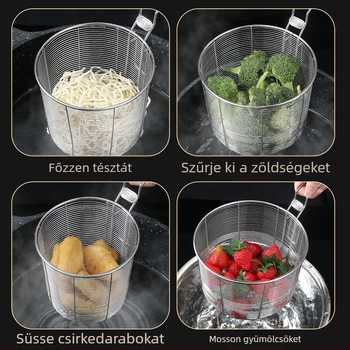 304 rozsdamentes acél olajsütő kosár szűrővel tésztákhoz, nasikhoz és sült krumplihoz – égésgátló fogantyú, egyetlen kampó, testreszabható Zhenggang Hardware