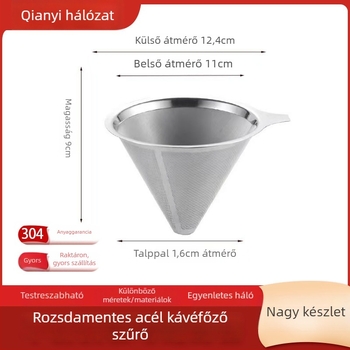 Kétszintes kávéfőző filter rozsdamentes acélból, 304, lézergravírozott logóval, kávézók számára, egyszínű mintázat, papírdobozos csomagolás.