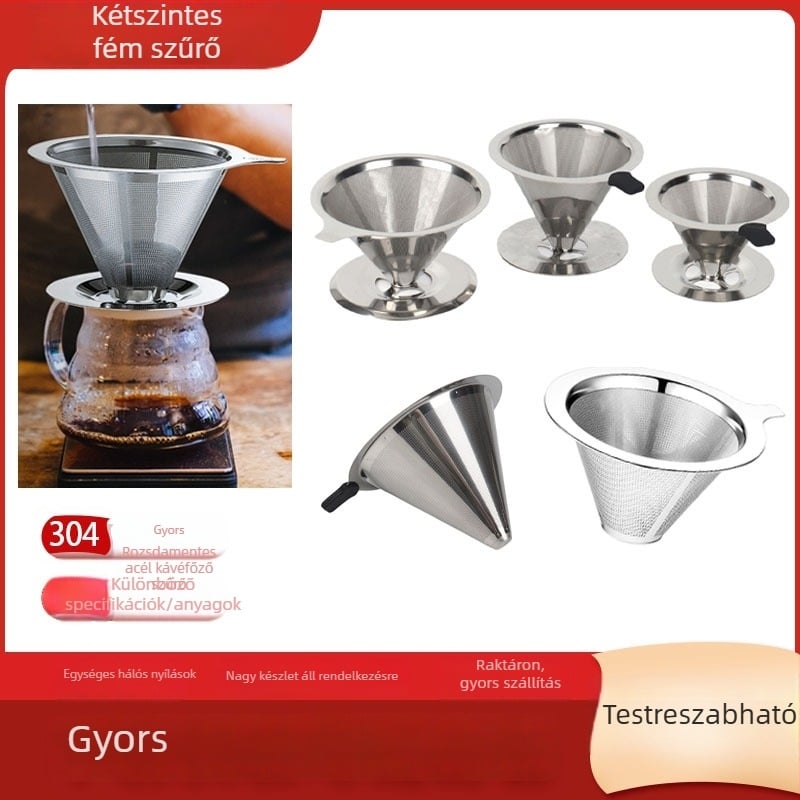 Kétszintes kávéfőző filter rozsdamentes acélból, 304, lézergravírozott logóval, kávézók számára, egyszínű mintázat, papírdobozos csomagolás.