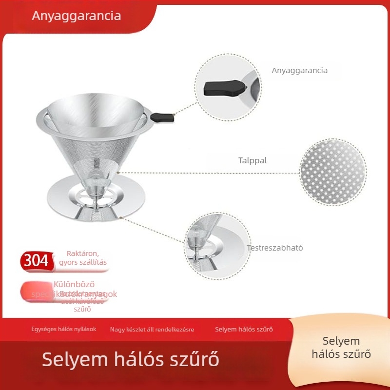 Kétszintes kávéfőző filter rozsdamentes acélból, 304, lézergravírozott logóval, kávézók számára, egyszínű mintázat, papírdobozos csomagolás.