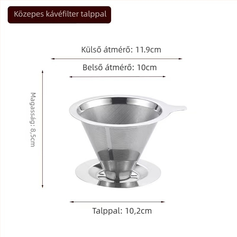 Kétszintes kávéfőző filter rozsdamentes acélból, 304, lézergravírozott logóval, kávézók számára, egyszínű mintázat, papírdobozos csomagolás.