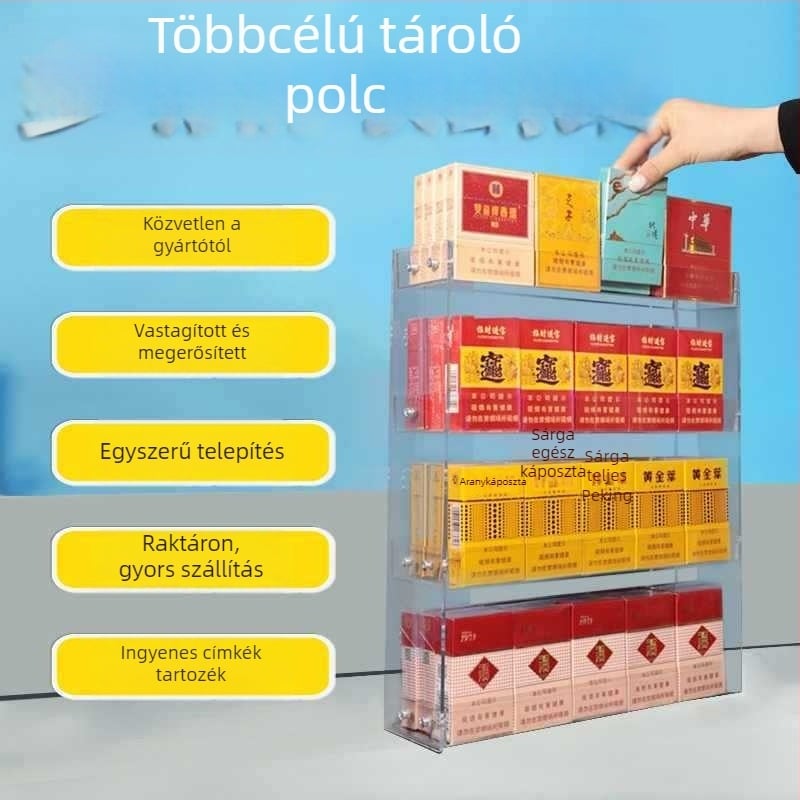 Falihoz rögzíthető cigaretta kijelző állvány, többszintű tárolás, műanyag