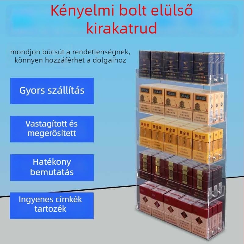 Falihoz rögzíthető cigaretta kijelző állvány, többszintű tárolás, műanyag