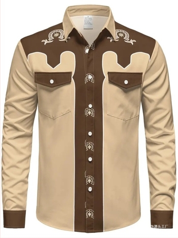 Férfi ing nyomtatott színblokkal, Slim fit, hosszú ujjú, Turn-Down gallér, Amerikai retro nyugati dizájn