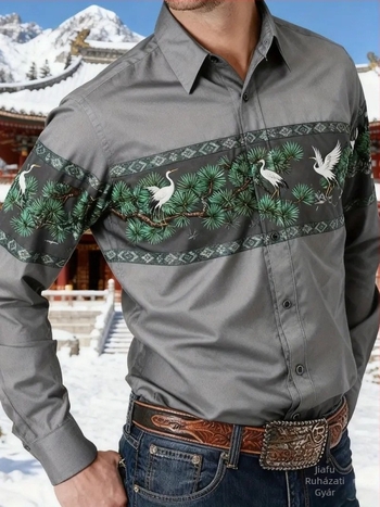 Férfi ing nyomtatott színblokkal, Slim fit, hosszú ujjú, Turn-Down gallér, Amerikai retro nyugati dizájn