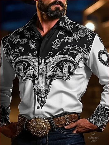 Férfi ing nyomtatott színblokkal, Slim fit, hosszú ujjú, Turn-Down gallér, Amerikai retro nyugati dizájn