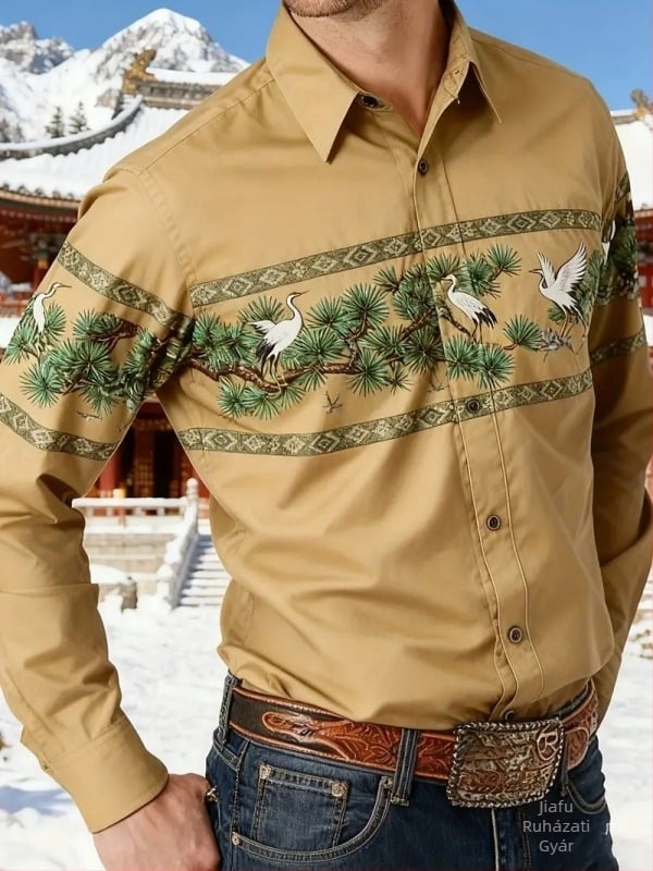 Férfi ing nyomtatott színblokkal, Slim fit, hosszú ujjú, Turn-Down gallér, Amerikai retro nyugati dizájn