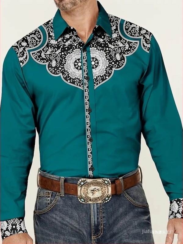 Férfi ing nyomtatott színblokkal, Slim fit, hosszú ujjú, Turn-Down gallér, Amerikai retro nyugati dizájn