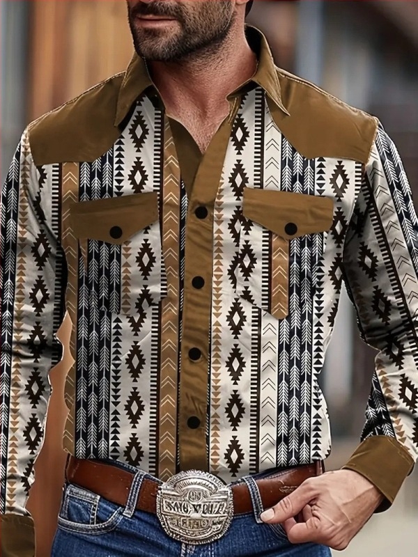 Férfi ing nyomtatott színblokkal, Slim fit, hosszú ujjú, Turn-Down gallér, Amerikai retro nyugati dizájn