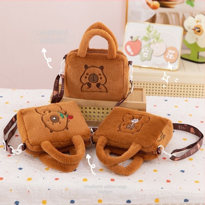 Capybara plüss váll táska, crossbody stílus, rövid plüss, PP pamut töltet, OEM logó