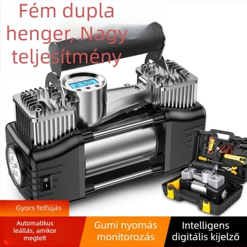 Kéthengeres hordozható autógumi-felfújó, 12V, 180W, 45 L/min, Digitális kijelző