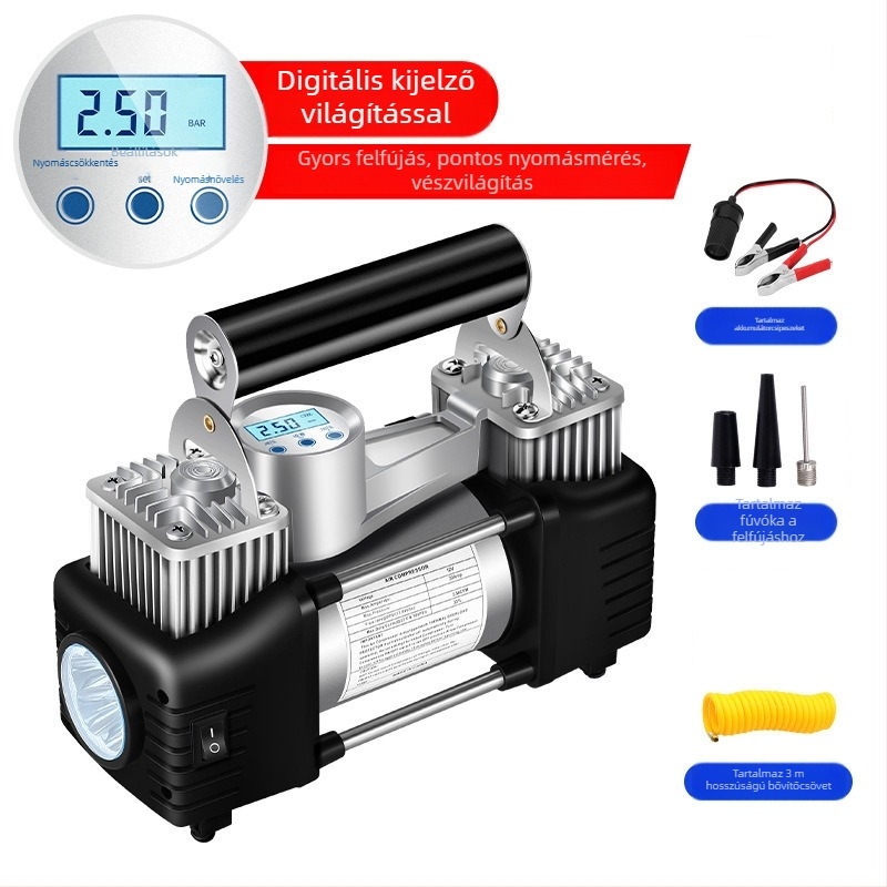 Kéthengeres hordozható autógumi-felfújó, 12V, 180W, 45 L/min, Digitális kijelző