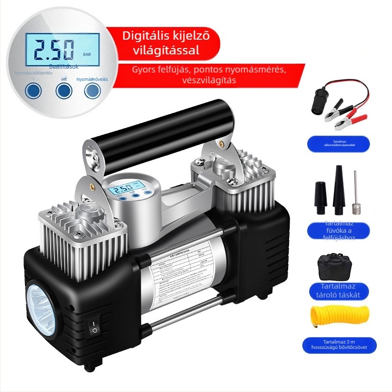 Kéthengeres hordozható autógumi-felfújó, 12V, 180W, 45 L/min, Digitális kijelző