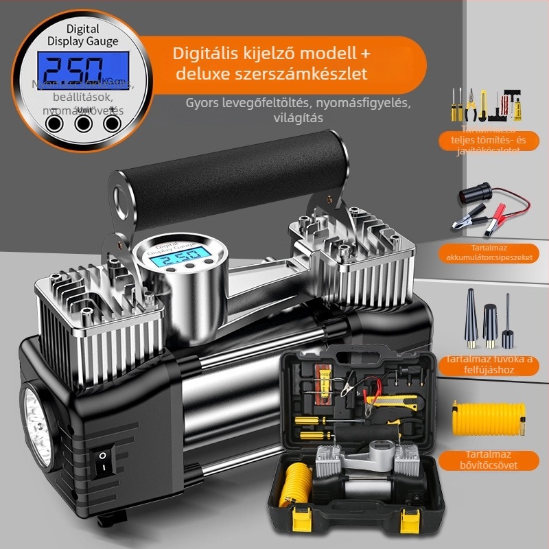 Kéthengeres hordozható autógumi-felfújó, 12V, 180W, 45 L/min, Digitális kijelző