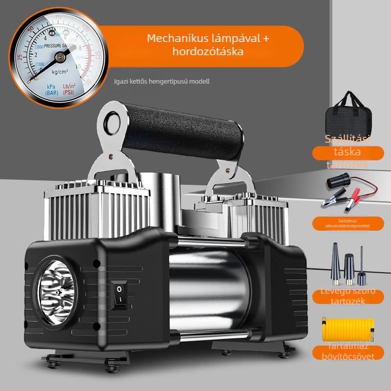 Kéthengeres hordozható autógumi-felfújó, 12V, 180W, 45 L/min, Digitális kijelző