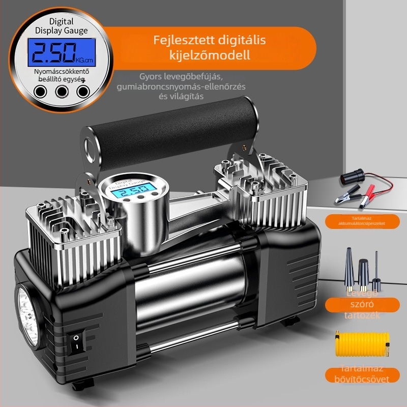 Kéthengeres hordozható autógumi-felfújó, 12V, 180W, 45 L/min, Digitális kijelző