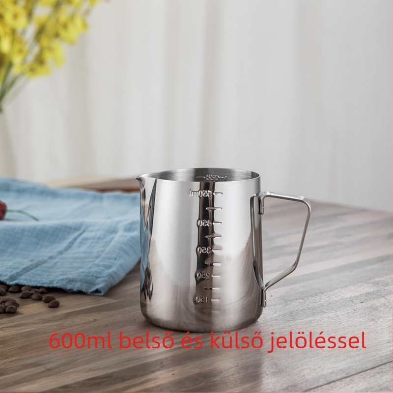Latte art kanna hegyezett kifolyóval, vastag falú 201 rozsdamentes acélból, mérőskálával