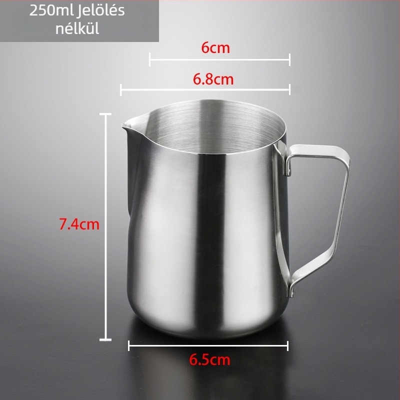 Latte art kanna hegyezett kifolyóval, vastag falú 201 rozsdamentes acélból, mérőskálával