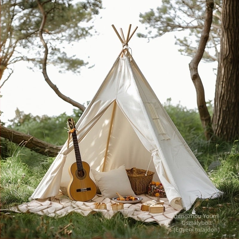 Egy személyes összecsukható kemping sátor, háromszög alakú; egylépcsős felépítés; belső és aljzati anyag pamut és len