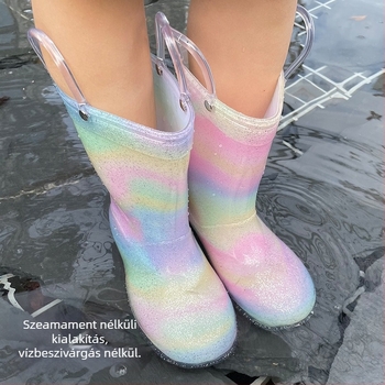Lányoknak szóló esőcsizma PVC, hercegnő-stílus, alacsony sarka 1–3 cm, középmagas szár