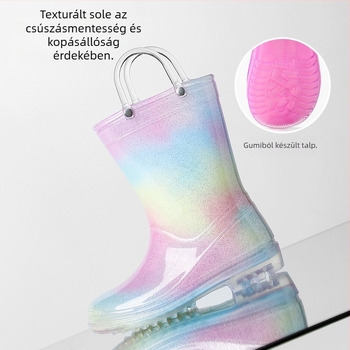 Lányoknak szóló esőcsizma PVC, hercegnő-stílus, alacsony sarka 1–3 cm, középmagas szár