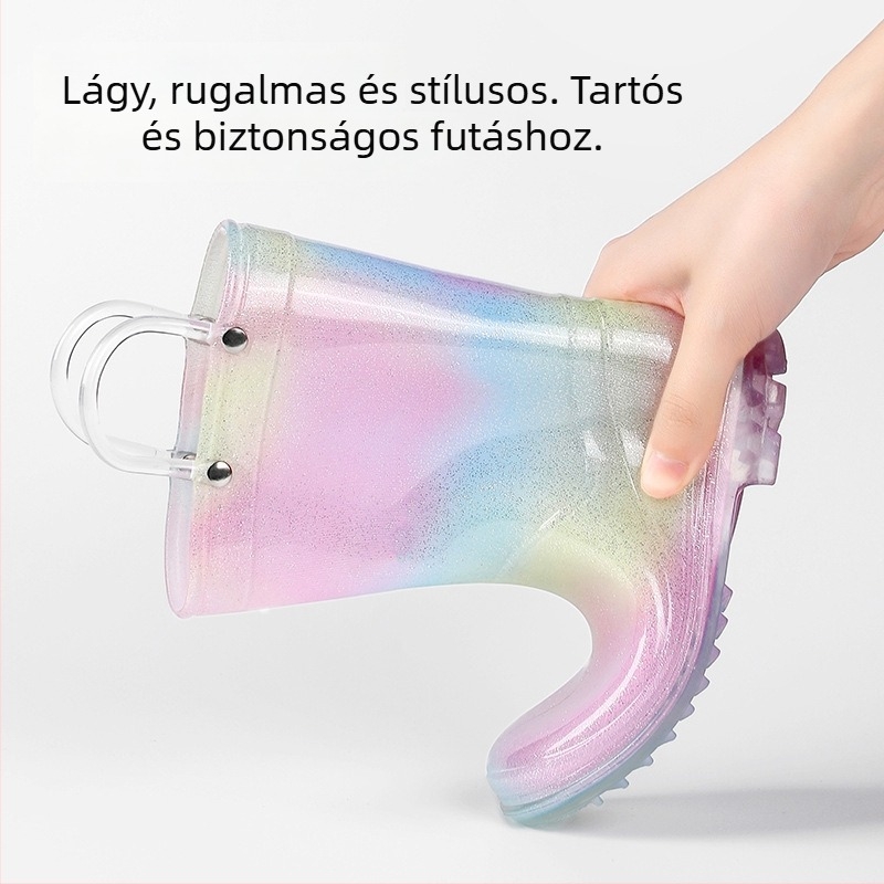 Lányoknak szóló esőcsizma PVC, hercegnő-stílus, alacsony sarka 1–3 cm, középmagas szár