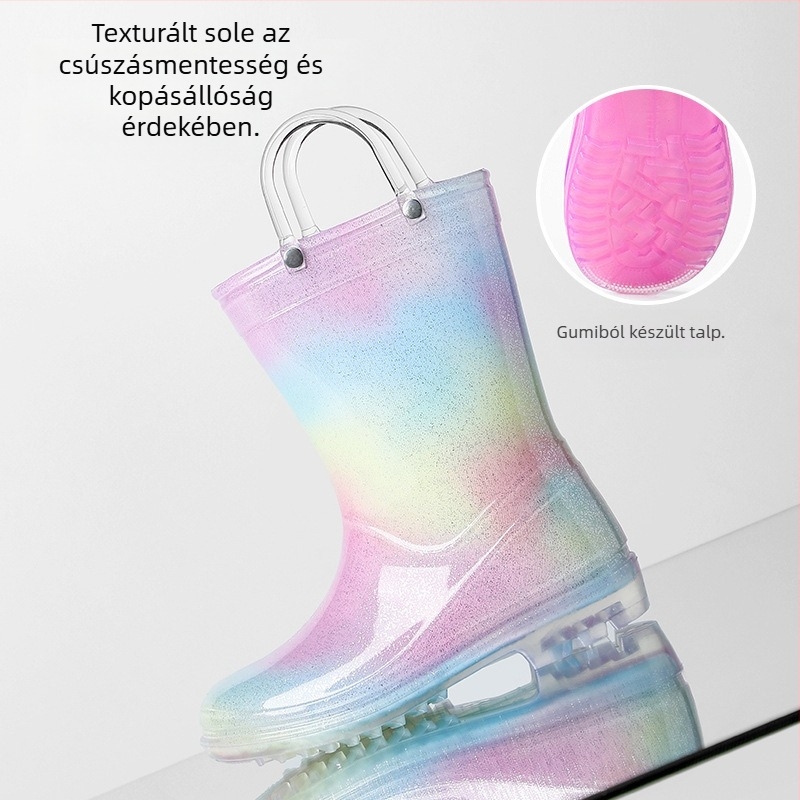 Lányoknak szóló esőcsizma PVC, hercegnő-stílus, alacsony sarka 1–3 cm, középmagas szár