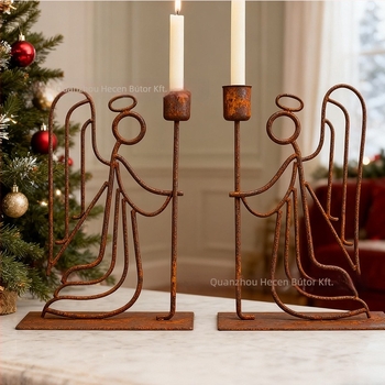 Geometriai formájú vas angyal gyertyatartó, He Chen Márka, otthonra és kertbe, pásztor-stílus.