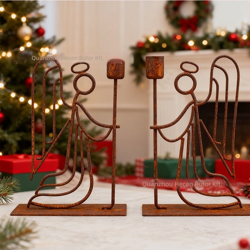 Geometriai formájú vas angyal gyertyatartó, He Chen Márka, otthonra és kertbe, pásztor-stílus.