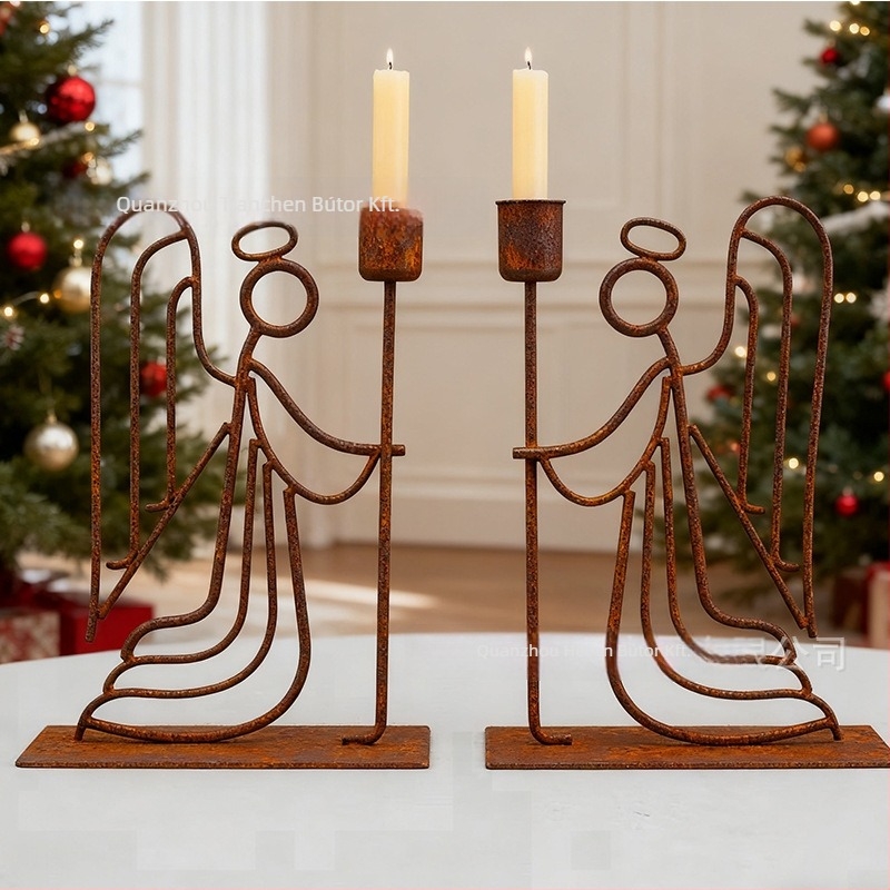 Geometriai formájú vas angyal gyertyatartó, He Chen Márka, otthonra és kertbe, pásztor-stílus.