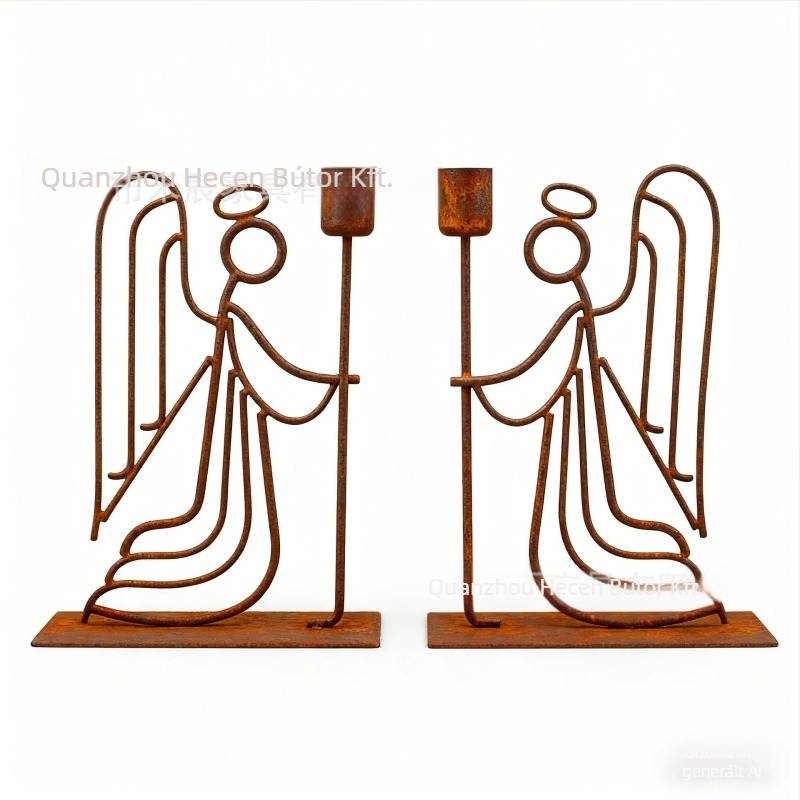 Geometriai formájú vas angyal gyertyatartó, He Chen Márka, otthonra és kertbe, pásztor-stílus.