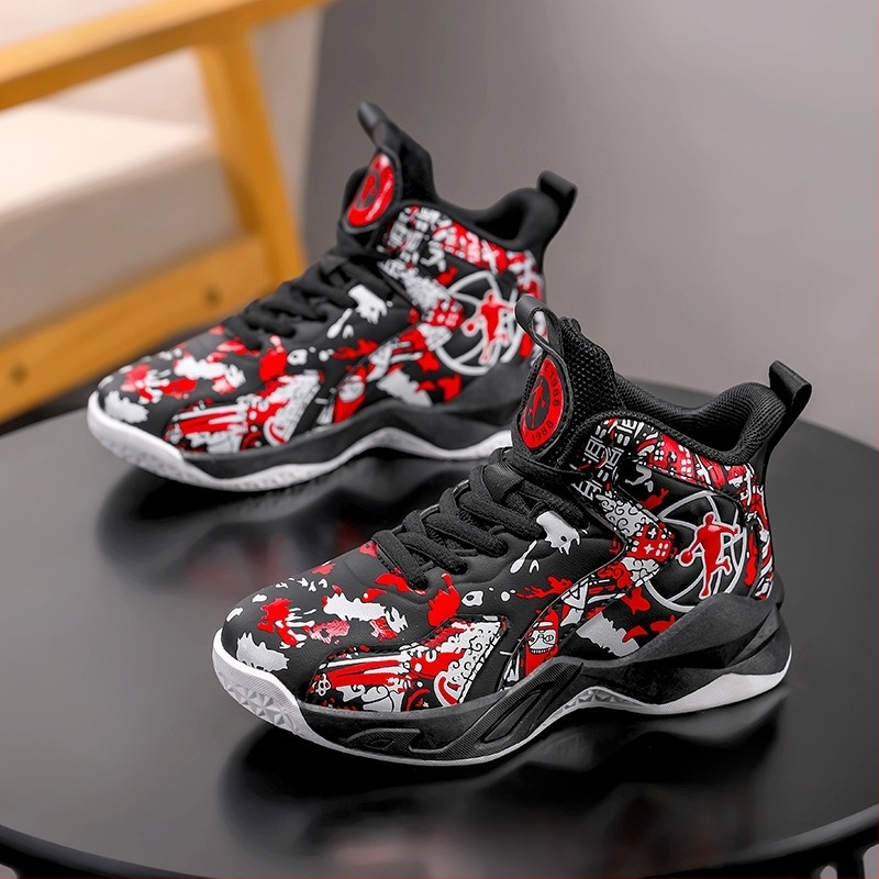 Műbőr gyerek kosárlabdacipő; lélegző, csúszásmentes; kompozit talp; Color Blocking minta; előröl fűzőzhető