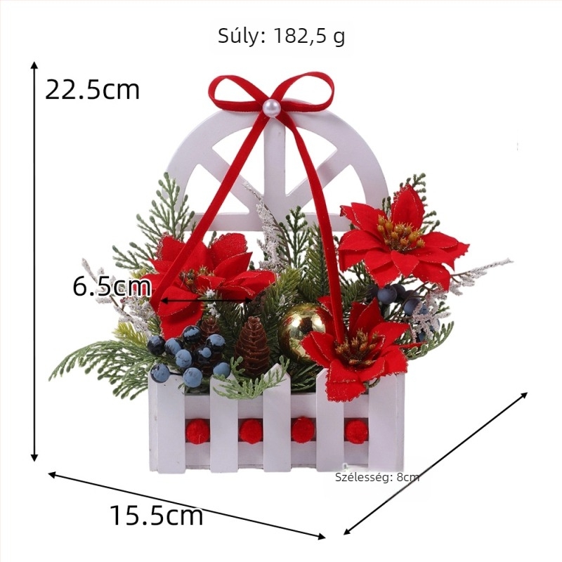 Karácsonyi asztali dísz pásztori stílusban, selyem virágokkal, Ruth's Flower Shop márka, csomagolás Opp bag