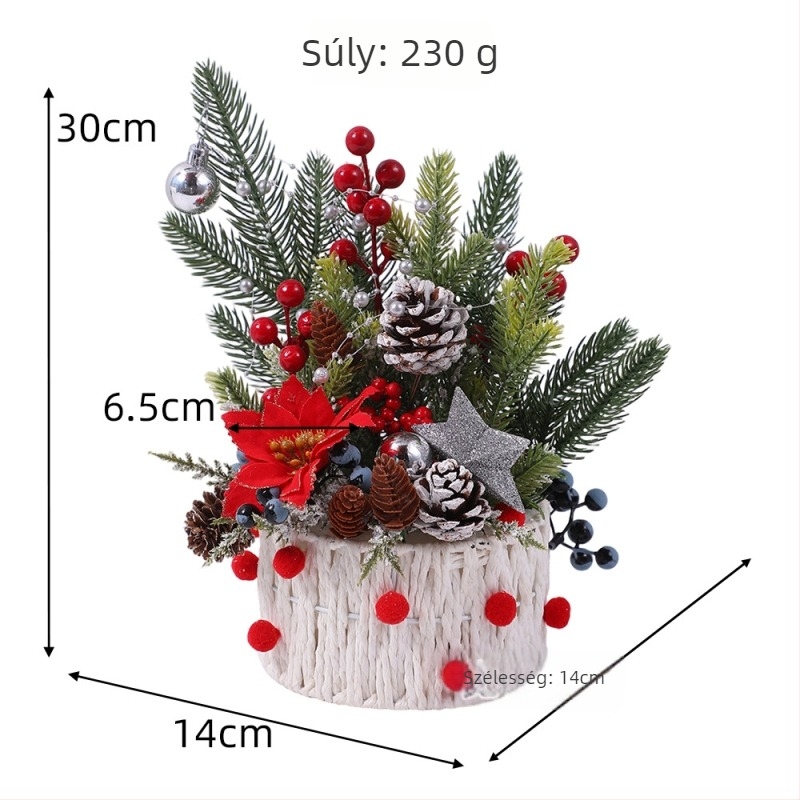 Karácsonyi asztali dísz pásztori stílusban, selyem virágokkal, Ruth's Flower Shop márka, csomagolás Opp bag