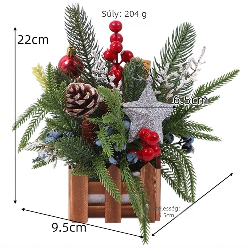 Karácsonyi asztali dísz pásztori stílusban, selyem virágokkal, Ruth's Flower Shop márka, csomagolás Opp bag