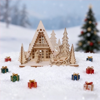 Karácsonyi fából készült házikó LED világítással – nyárfából, modern minimalist stílus, otthonra és kertbe