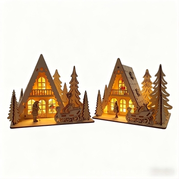 Karácsonyi fából készült házikó LED világítással – nyárfából, modern minimalist stílus, otthonra és kertbe