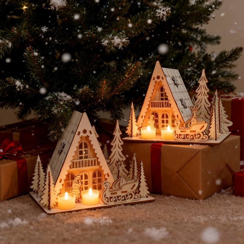 Karácsonyi fából készült házikó LED világítással – nyárfából, modern minimalist stílus, otthonra és kertbe