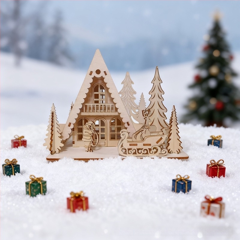 Karácsonyi fából készült házikó LED világítással – nyárfából, modern minimalist stílus, otthonra és kertbe