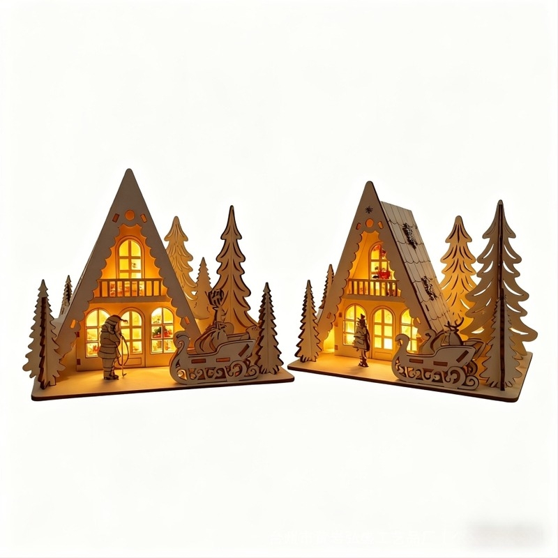 Karácsonyi fából készült házikó LED világítással – nyárfából, modern minimalist stílus, otthonra és kertbe