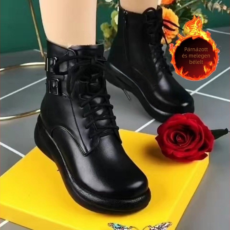 Női Martin csizmák fleece béléssel, PU bőr felsőrész, platform, oldalsó cipzár, középmagas sarok 3–5 cm