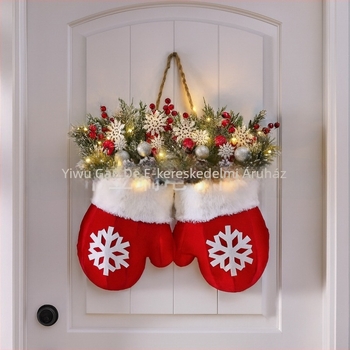 Csillogó karácsonyi kesztyűkoszorú, plüss, amerikai stílus, fél manuális/fél mechanikus kivitel, kód CP5090301