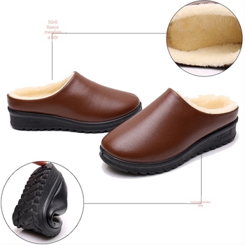 Női téli cipő PU felsőrésszel, belseje műszőrmével bélelt, slip-on, kerek orr, lapos sarok