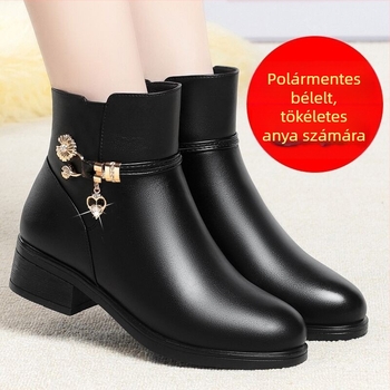 Női középmagas bakancs pamut-bőrrel, vastag sarkú 6–8 cm, hegyes orr, PU felsőrész, gumitalp