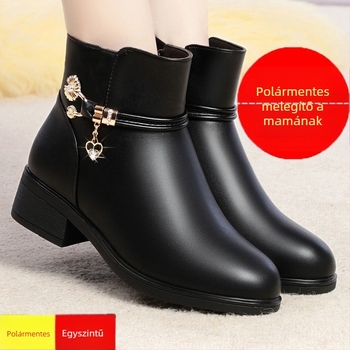 Női középmagas bakancs pamut-bőrrel, vastag sarkú 6–8 cm, hegyes orr, PU felsőrész, gumitalp