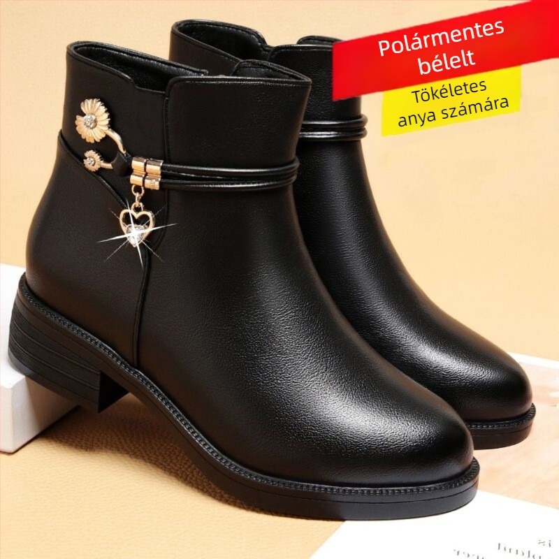 Női középmagas bakancs pamut-bőrrel, vastag sarkú 6–8 cm, hegyes orr, PU felsőrész, gumitalp