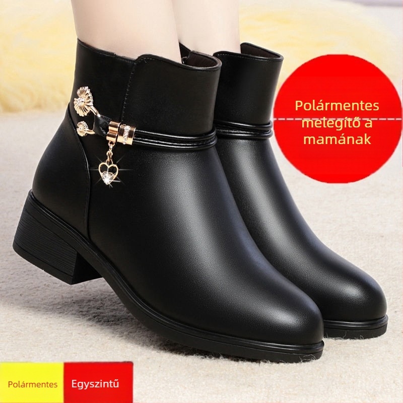 Női középmagas bakancs pamut-bőrrel, vastag sarkú 6–8 cm, hegyes orr, PU felsőrész, gumitalp