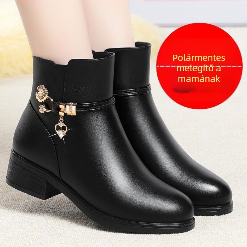 Női középmagas bakancs pamut-bőrrel, vastag sarkú 6–8 cm, hegyes orr, PU felsőrész, gumitalp